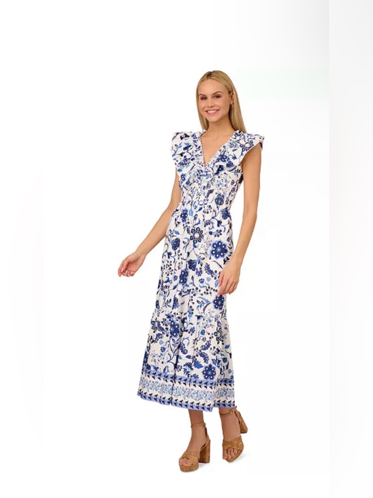 Adrianna Papell Women's Cotton Ruffle V-Neck Midi Dress